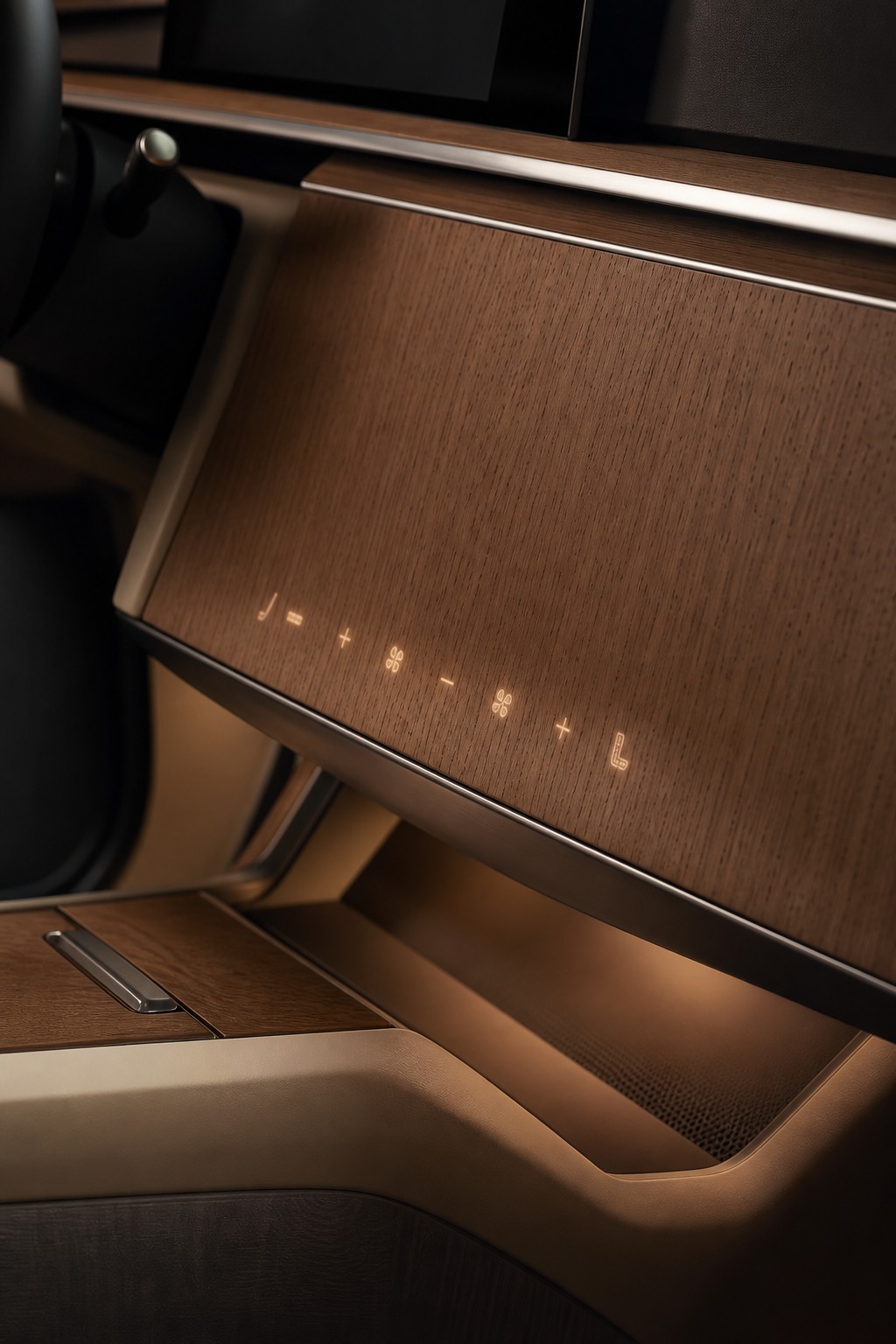 Minimalist EV dashboard with hidden controls A minimalist EV dashboard with open-pore wood and hidden LED controls glowing softly. | Sky Rye Design A minimalist EV dashboard with open-pore wood and hidden LED controls glowing softly.