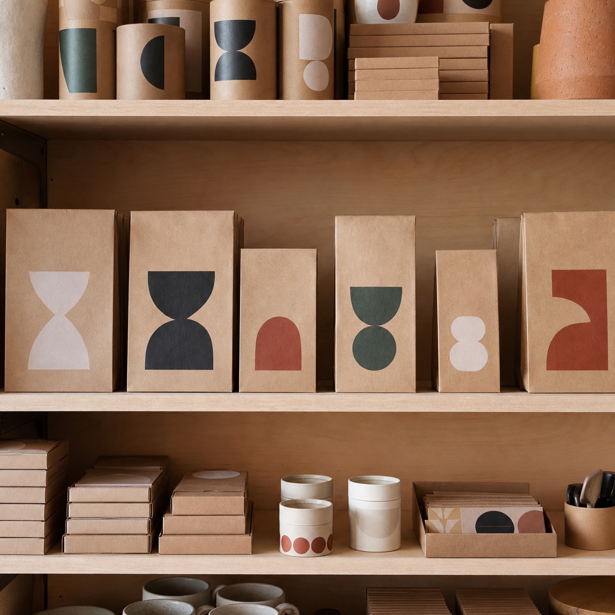 Minimalist kraft packaging shelf display Row of minimalist kraft packages with single-color branding on a light wood shelf. | Sky Rye Design Row of minimalist kraft packages with single-color branding on a light wood shelf.