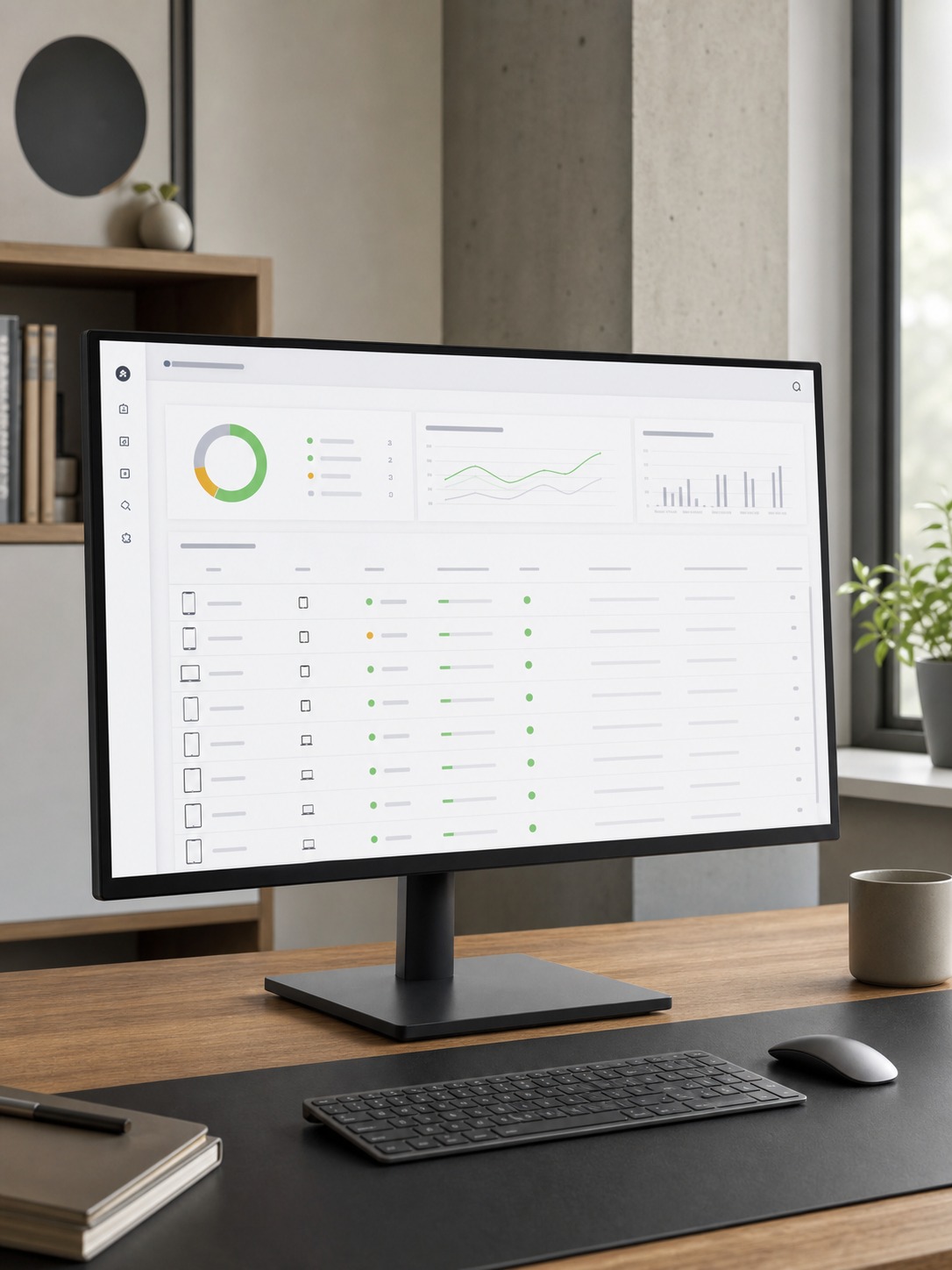 Studio monitor showing a device management dashboard with security status indicators.