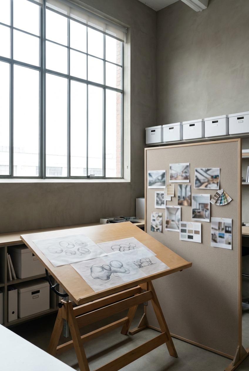 Modern design studio with north-facing windows, a drafting table, and an in-progress bubble study.