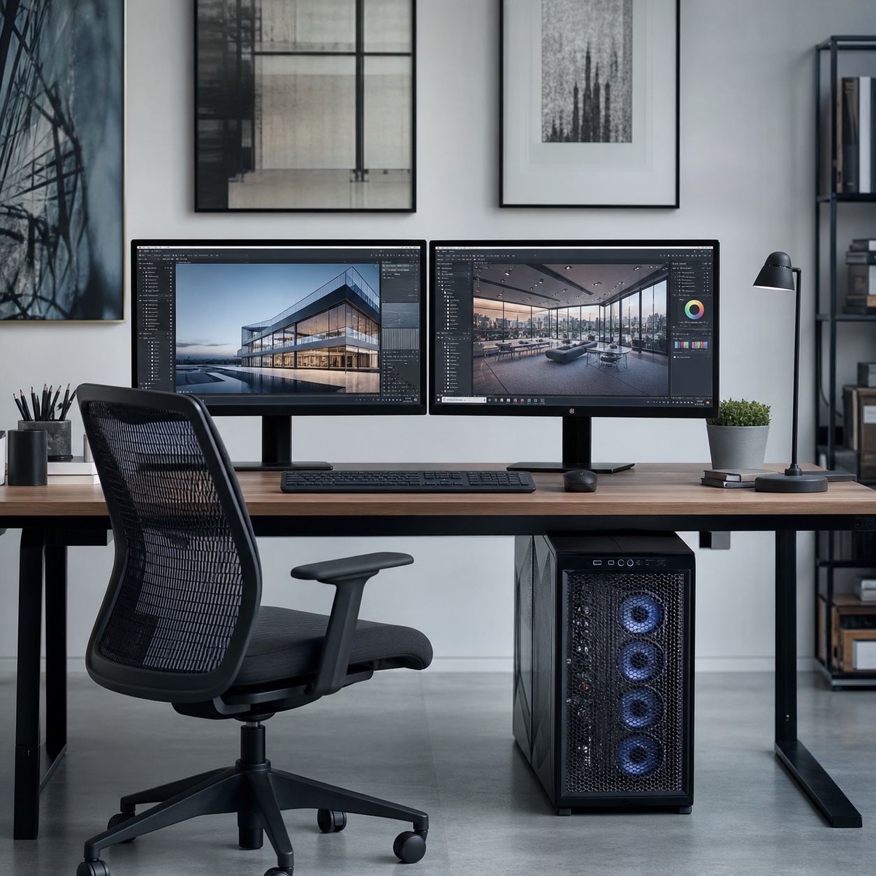 Modern design studio workstation with dual calibrated monitors and a rendering tower