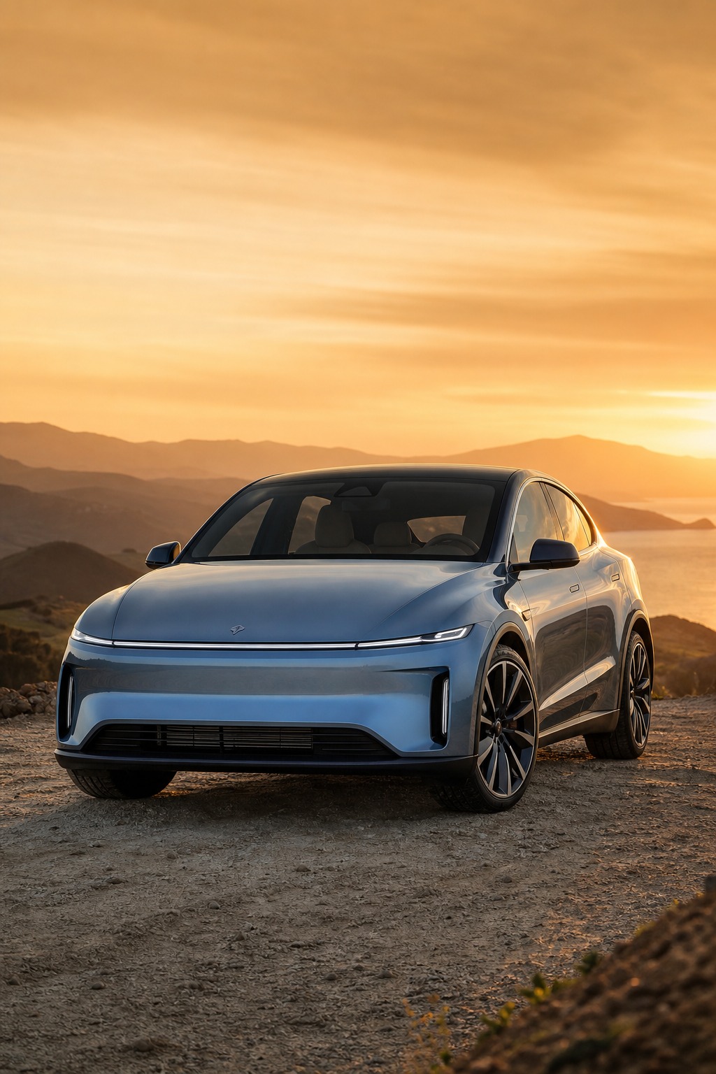 Modern EV front three-quarter at golden hour A modern EV front three-quarter view with a smooth aerodynamic fascia and slim LED lighting signature. | Sky Rye Design A modern EV front three-quarter view with a smooth aerodynamic fascia and slim LED lighting signature.