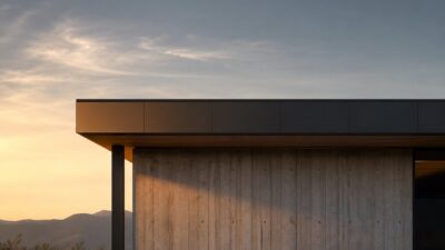 Minimalist house with a clean flat roofline and dark parapet edge at golden hour.