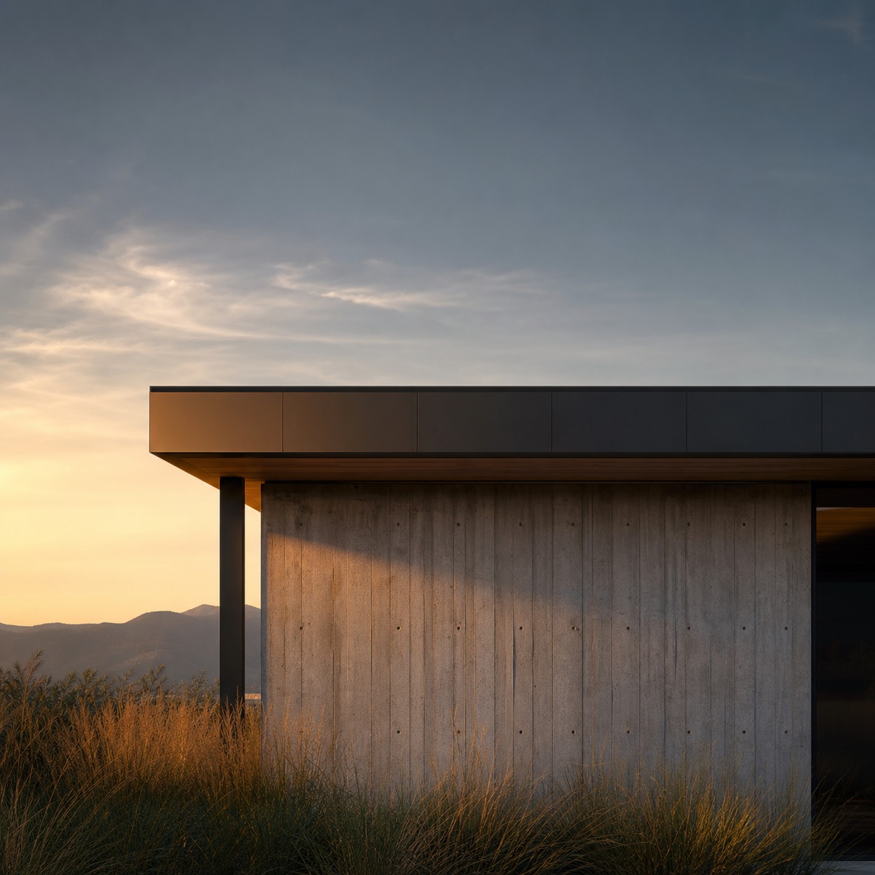 Modern Flat Roof Design With Clean Roofline Minimalist house with a clean flat roofline and dark parapet edge at golden hour. | Sky Rye Design Minimalist house with a clean flat roofline and dark parapet edge at golden hour.