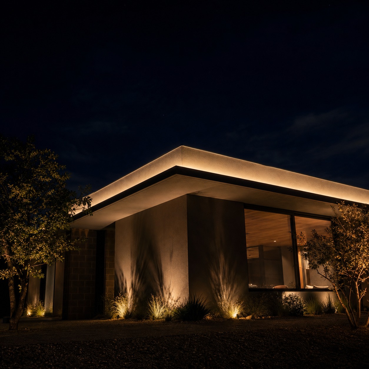 Modern Flat Roof House at Night Modern flat-roofed house with parapet edge lit against the night sky. | Sky Rye Design Modern flat-roofed house with parapet edge lit against the night sky.