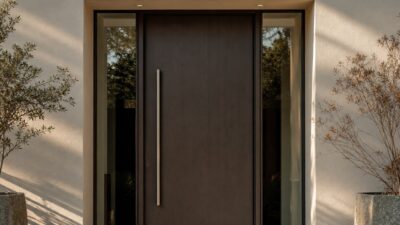Modern oversized front entry door with a linear pull handle and narrow sidelights in a clean stucco facade.