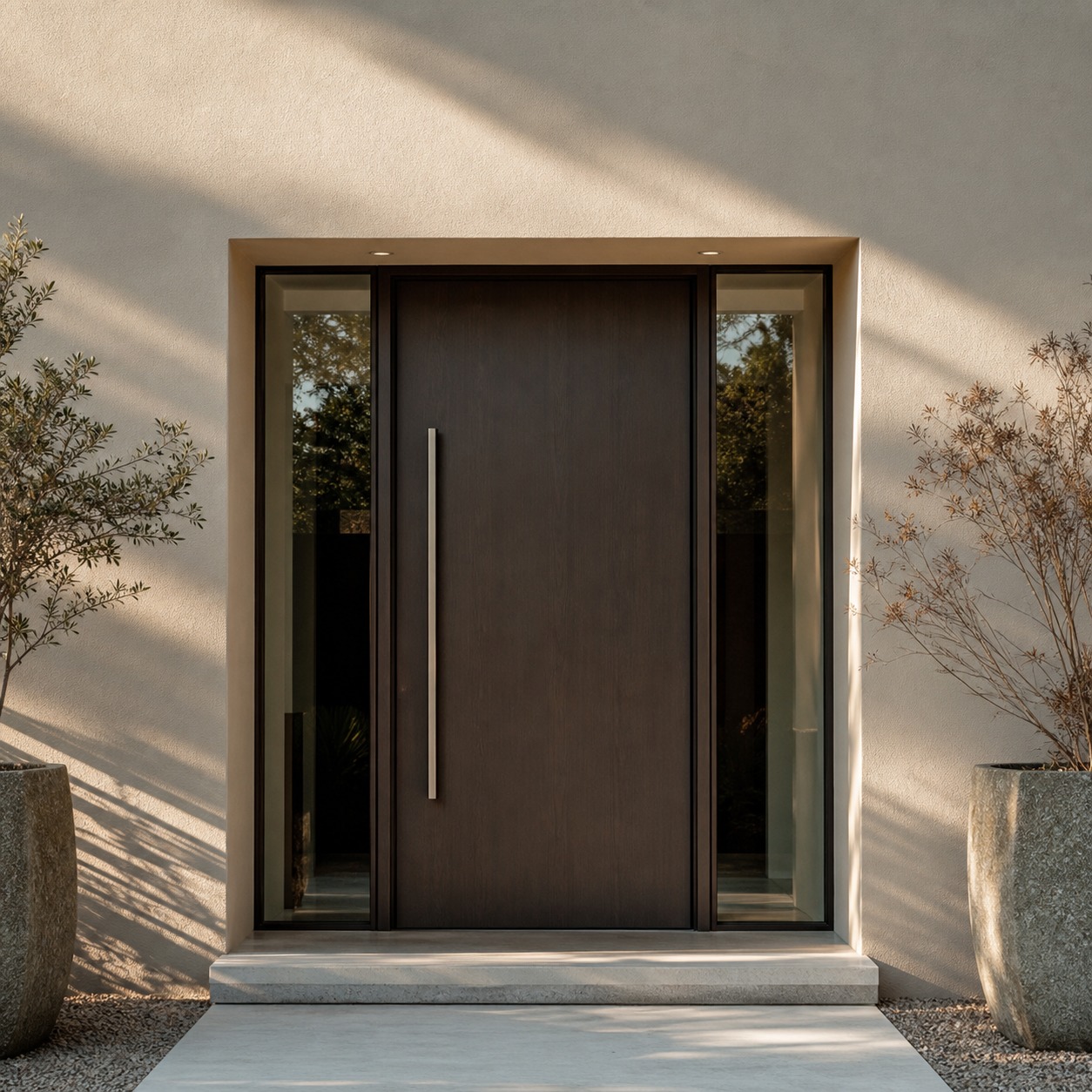 Modern front entry door with narrow sidelights Modern oversized front entry door with a linear pull handle and narrow sidelights in a clean stucco facade. | Sky Rye Design Modern oversized front entry door with a linear pull handle and narrow sidelights in a clean stucco facade.