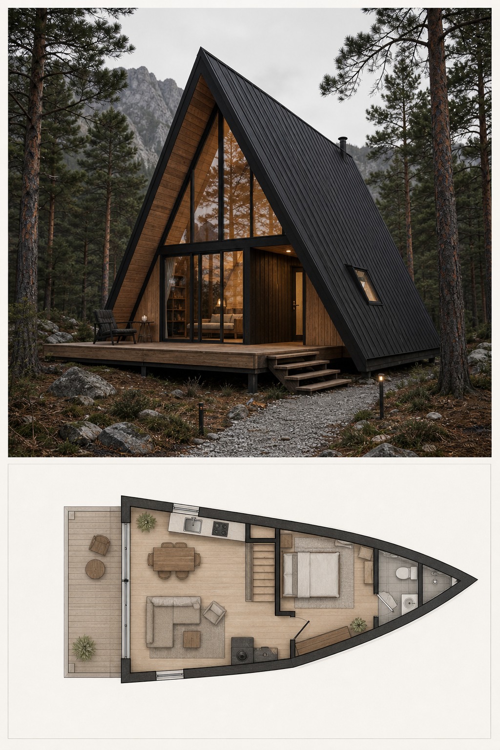 Modern house blueprint for an A-frame wooden cabin Modern house blueprint for an A-frame wooden cabin with exterior rendering above a top-view plan. | Sky Rye Design Modern house blueprint for an A-frame wooden cabin with exterior rendering above a top-view plan.