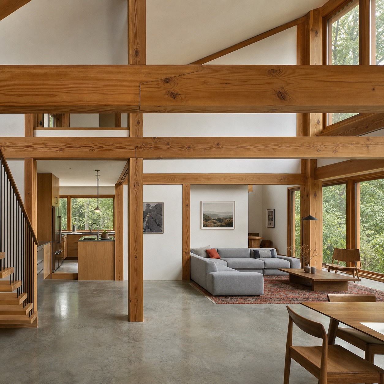 Modern timber-frame living space with visible scarf joint Modern timber-frame living room with a long exposed beam and a visible scarf joint treated as a design feature. | Sky Rye Design Modern timber-frame living room with a long exposed beam and a visible scarf joint treated as a design feature.