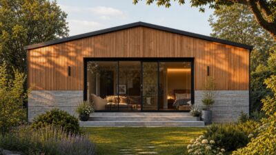 A modern timber granny annexe with black-framed glazing in a landscaped garden.