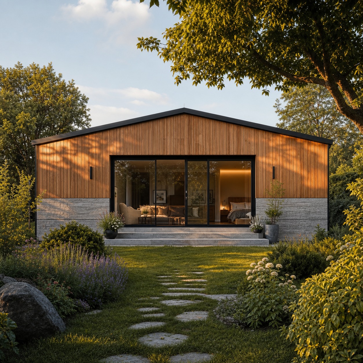 Modern Timber Granny Annexe Exterior A modern timber granny annexe with black-framed glazing in a landscaped garden. | Sky Rye Design A modern timber granny annexe with black-framed glazing in a landscaped garden.