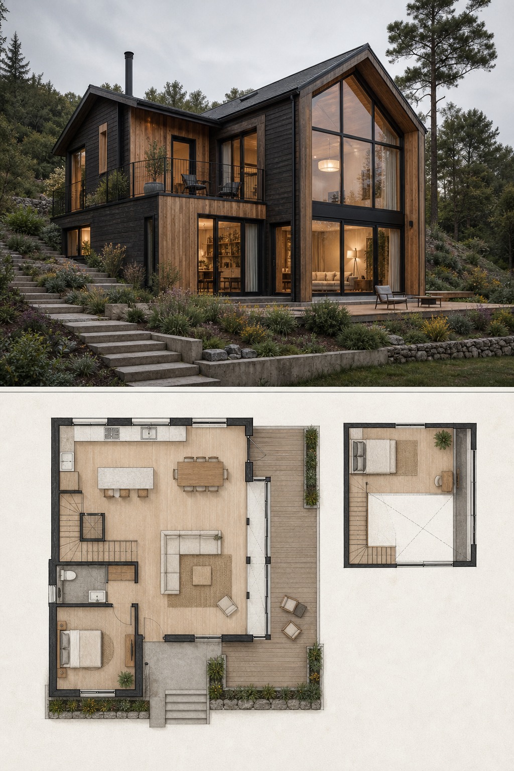 Two-story modern wood house layout and plan Modern wood house with two-story exterior visualization above a top-view layout and upstairs plan. | Sky Rye Design Modern wood house with two-story exterior visualization above a top-view layout and upstairs plan.