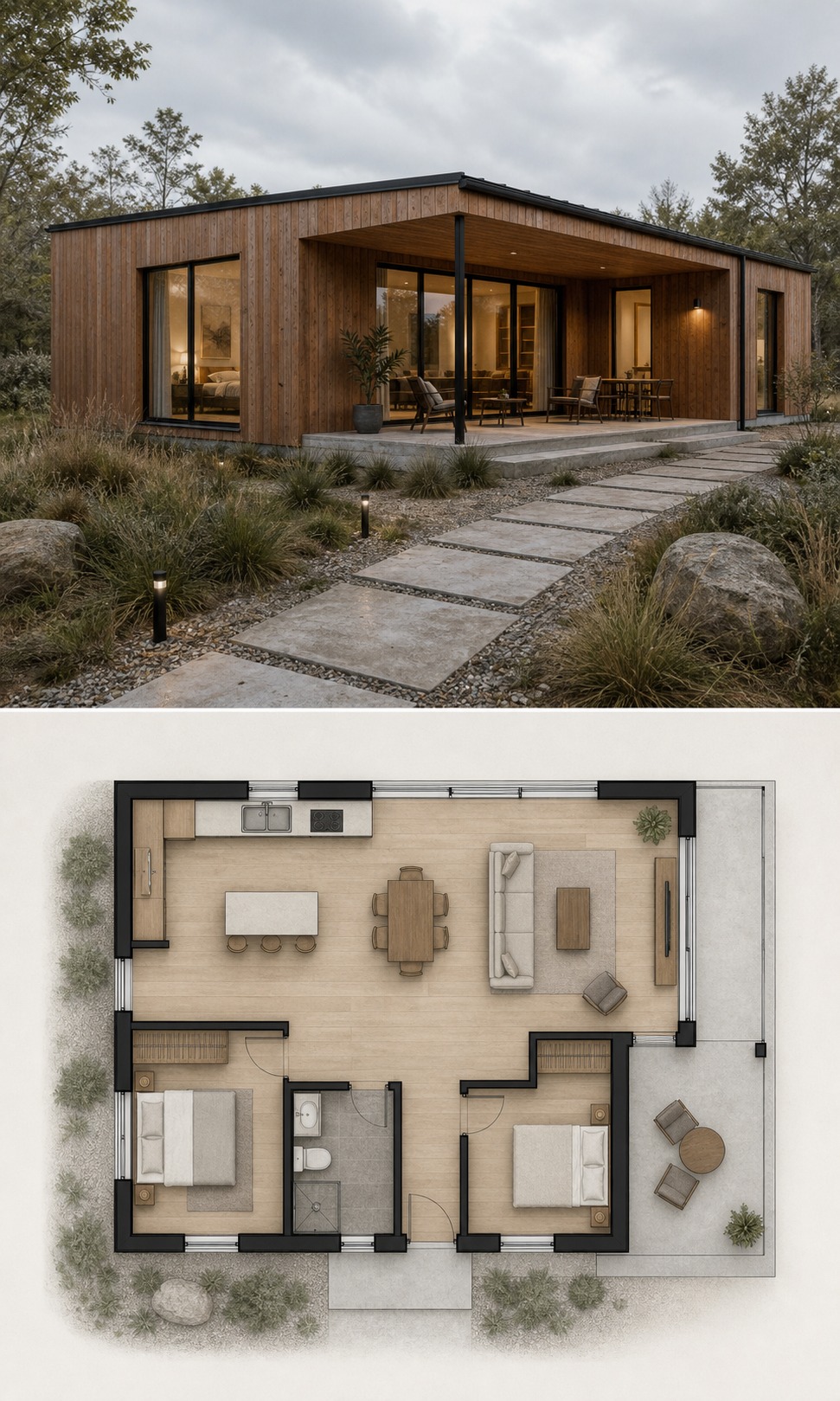 Compact modern wooden house design layout and plan Modern wooden house design with compact exterior visualization above a top-view floor plan. | Sky Rye Design Modern wooden house design with compact exterior visualization above a top-view floor plan.