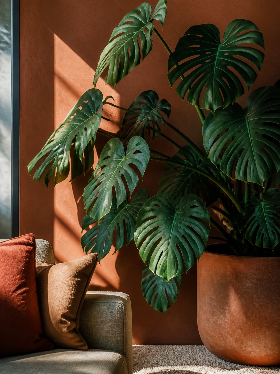 Monstera against terracotta wall Deep green Monstera plant placed against a warm terracotta wall with clay and sand textiles nearby. | Sky Rye Design Deep green Monstera plant placed against a warm terracotta wall with clay and sand textiles nearby.