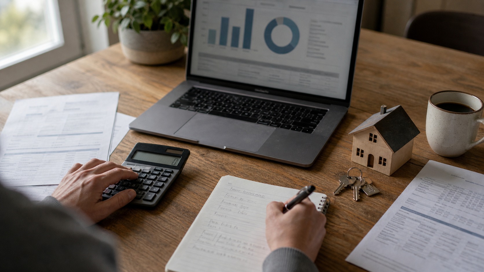 Mortgage budget planning desk with calculator, house model, laptop, and keys for home purchase timing.