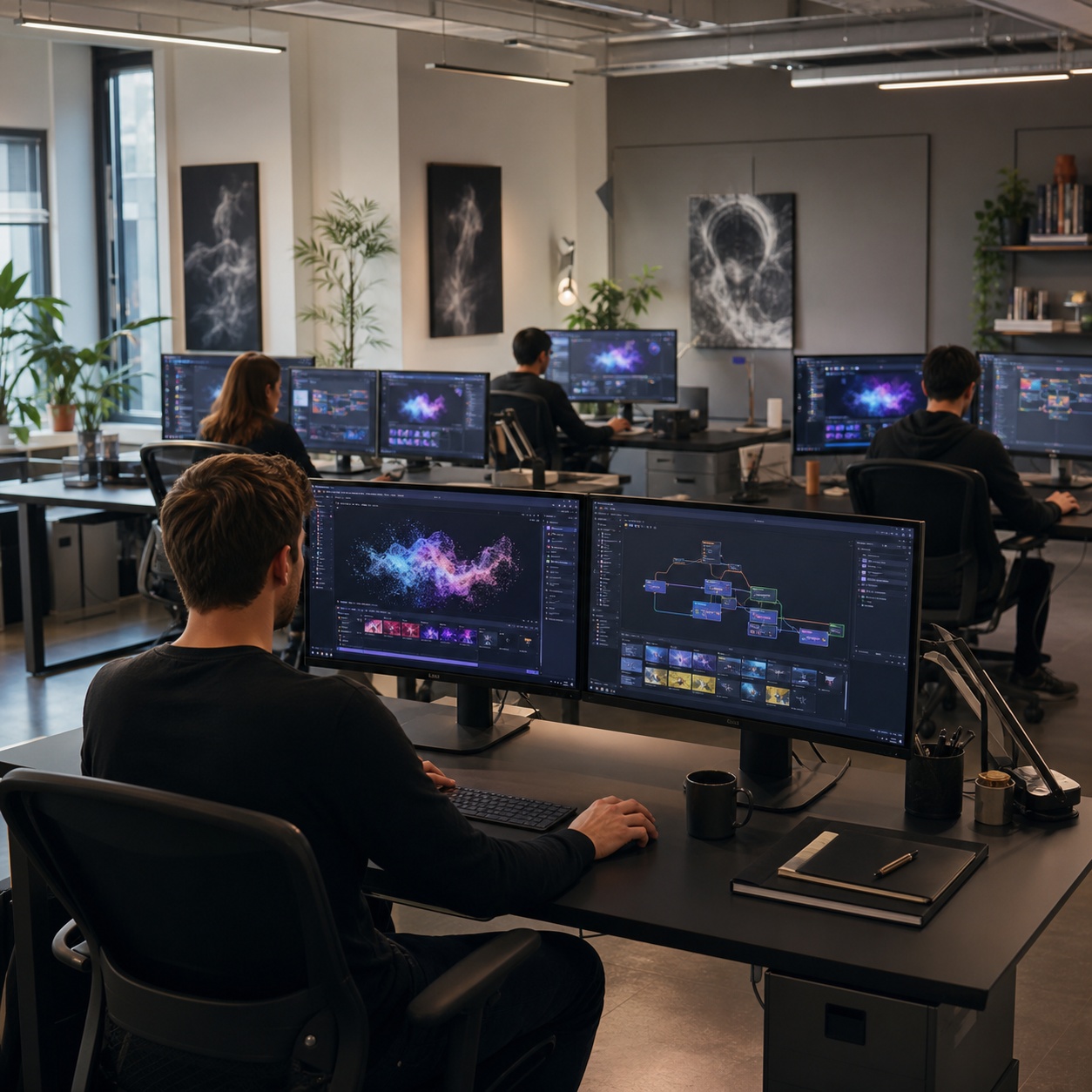 A modern motion design studio with AI video dashboards open on several workstations.
