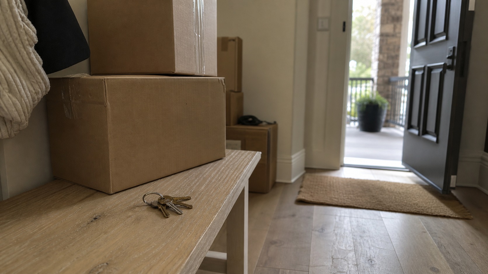Moving boxes and house keys inside a new home after a timed home purchase and closing.