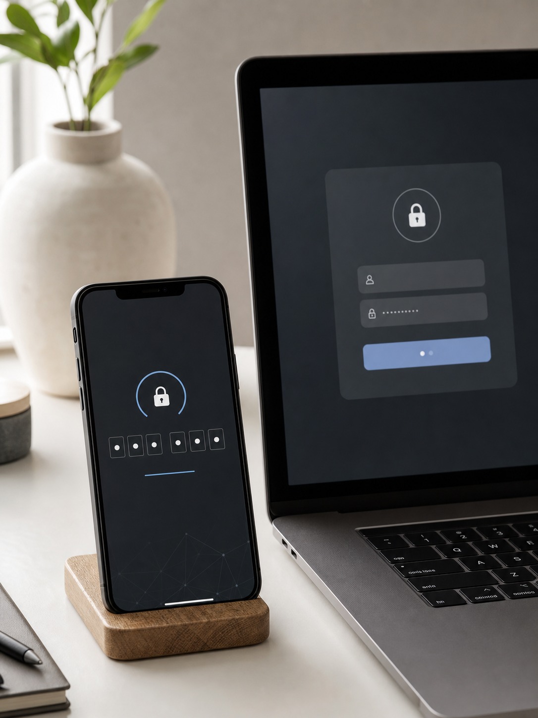 Smartphone authentication code beside a laptop login prompt in a minimal design workspace.