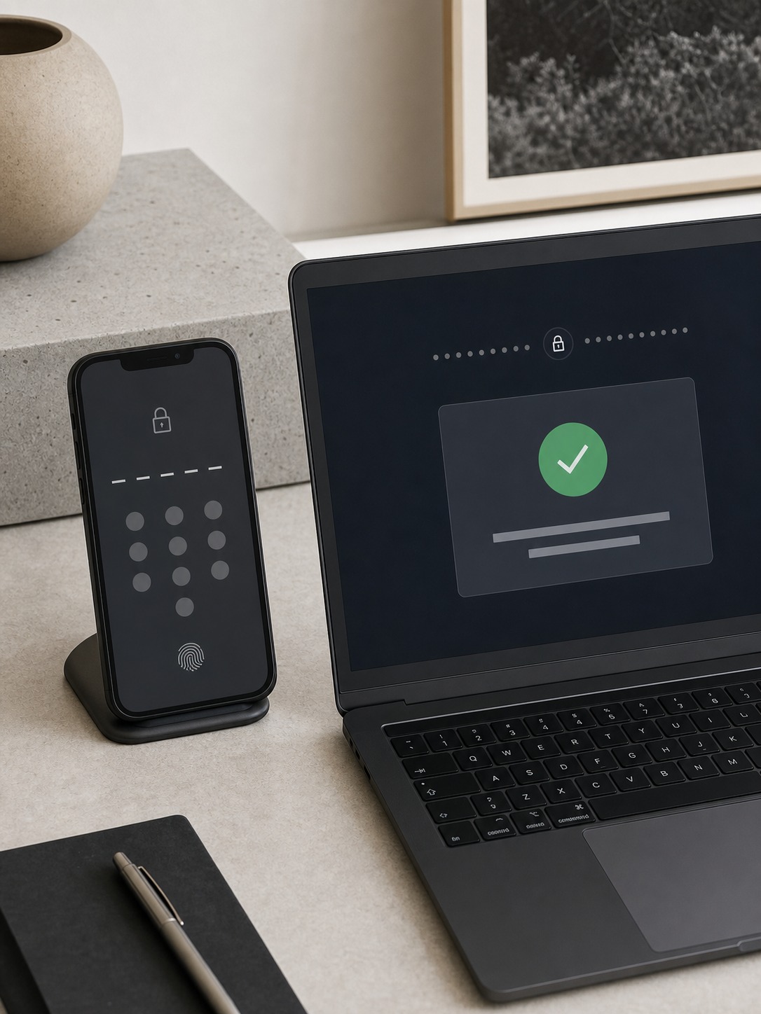 Phone and laptop screens showing a multi-factor authentication confirmation in a studio setting.