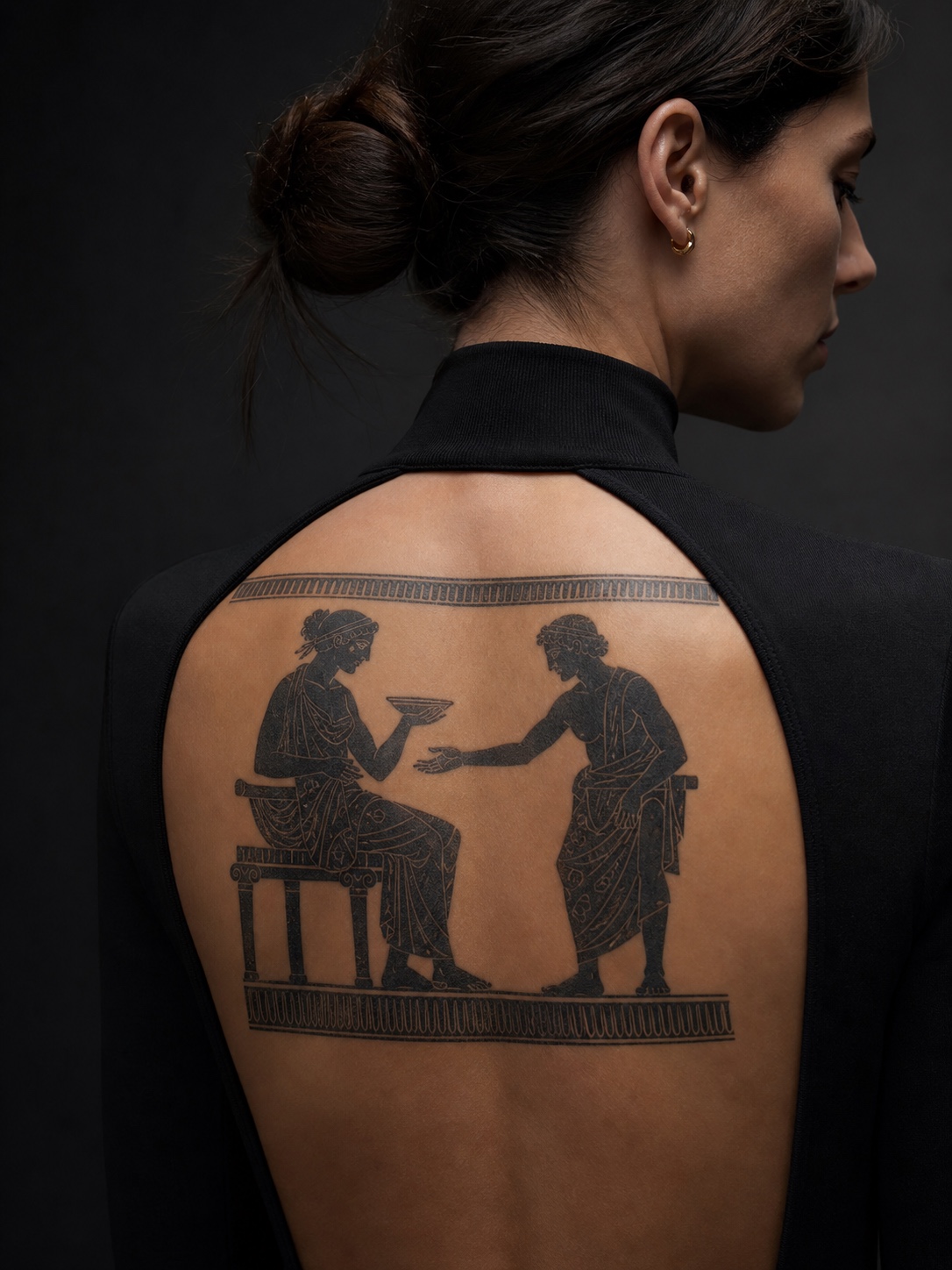 Multi-figure pottery back tattoo Upper back tattoo showing two Greek pottery-style figures in a narrative scene. | Sky Rye Design Upper back tattoo showing two Greek pottery-style figures in a narrative scene.