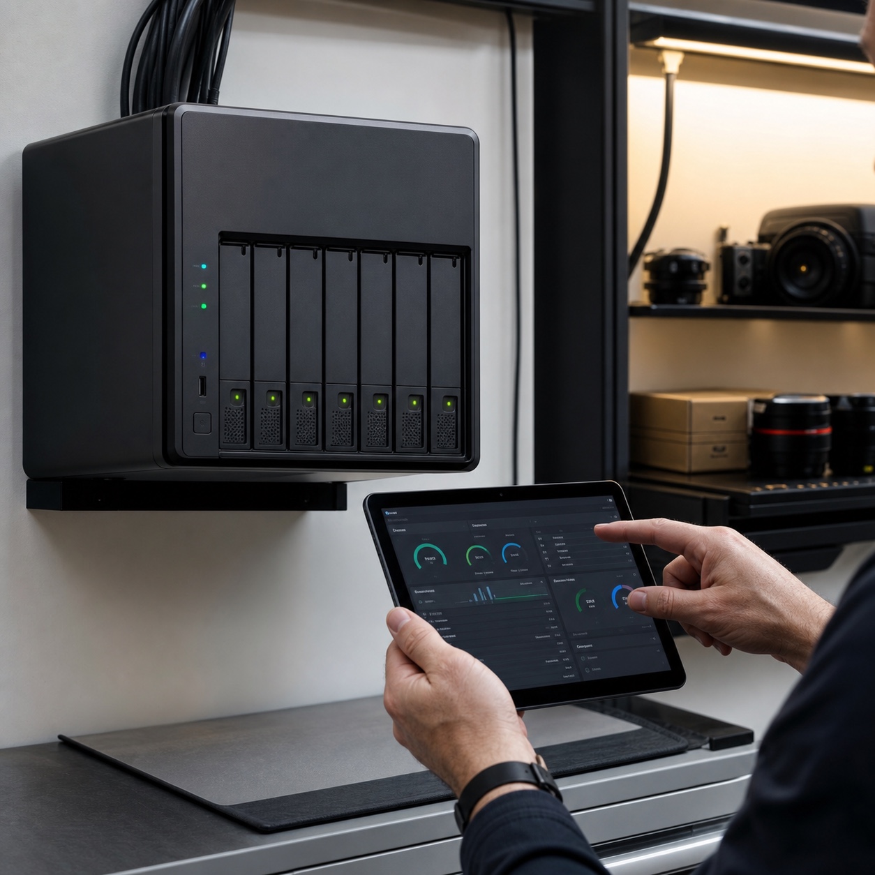Network-attached storage unit in a design studio with a technician checking its status on a tablet
