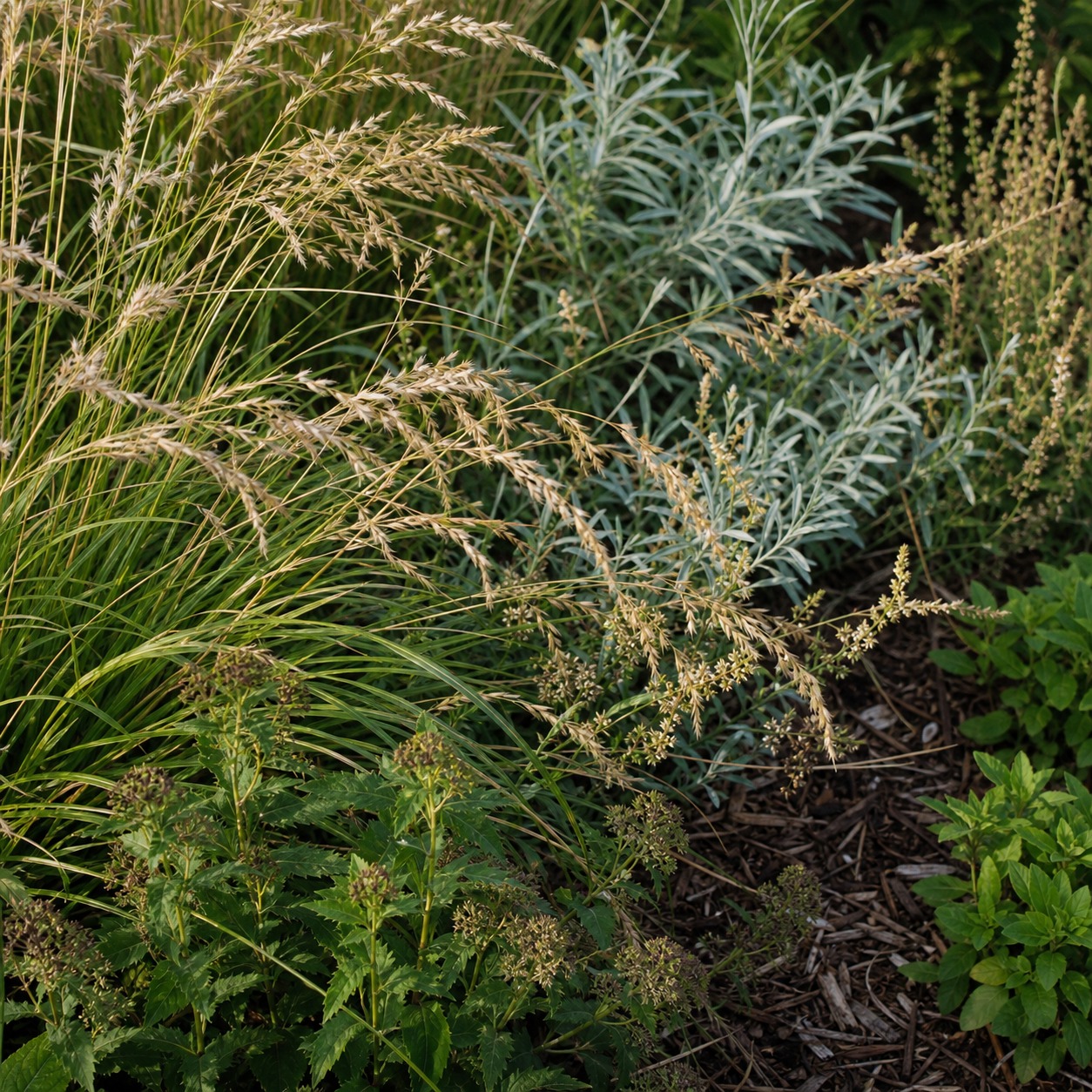 Native Grasses in Resilient Planting Bed Close texture study of native grasses and perennial foliage in a resilient planting bed. | Sky Rye Design Close texture study of native grasses and perennial foliage in a resilient planting bed.