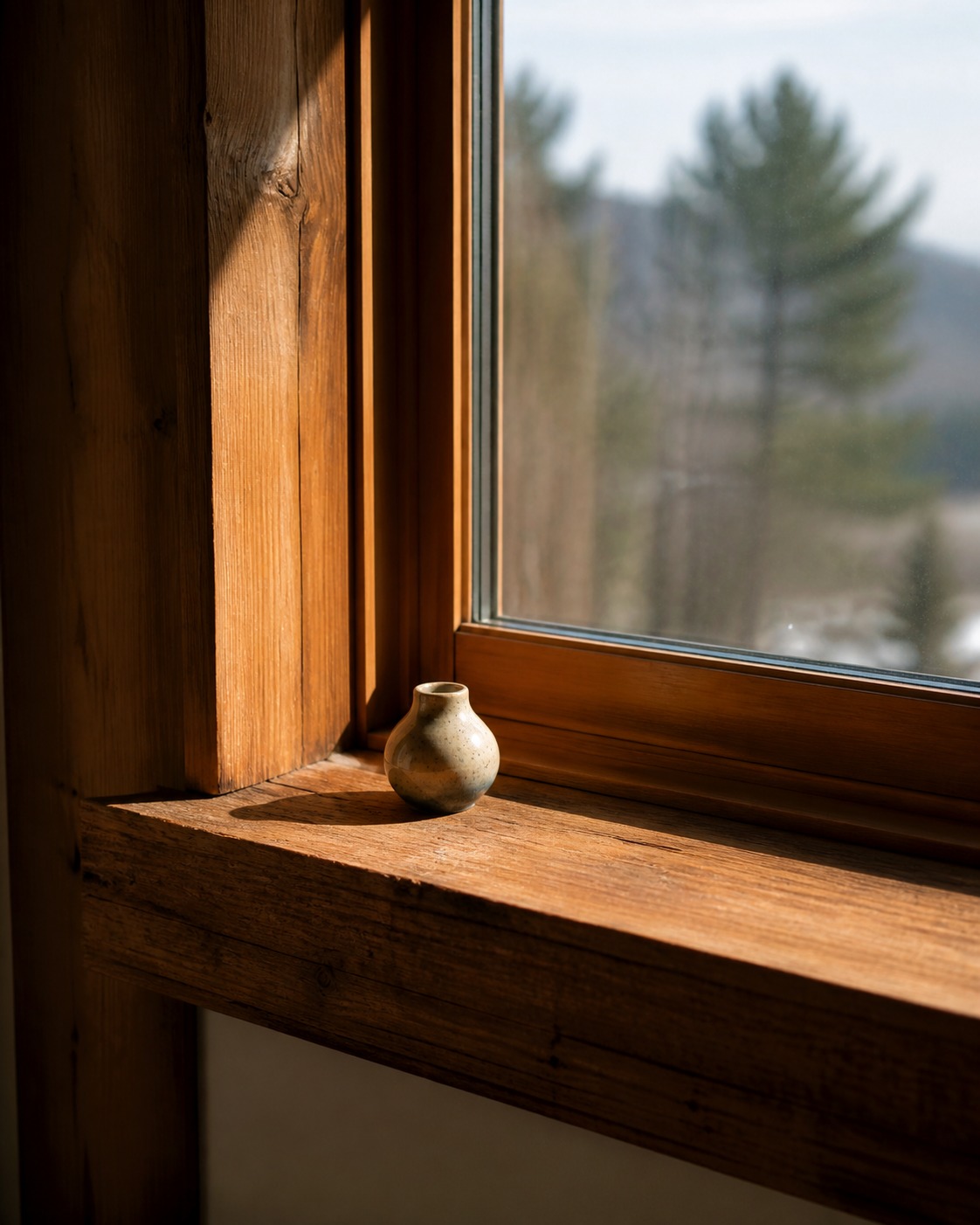 Natural wood window trim with a deep sill Deep natural wood window sill catching warm afternoon light. | Sky Rye Design Deep natural wood window sill catching warm afternoon light.