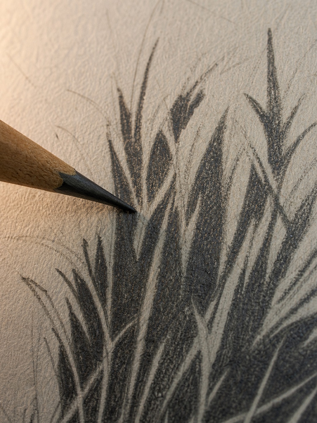 Negative-space grass pencil technique Macro pencil drawing showing dark negative spaces left around lighter grass blade shapes. | Sky Rye Design Macro pencil drawing showing dark negative spaces left around lighter grass blade shapes.