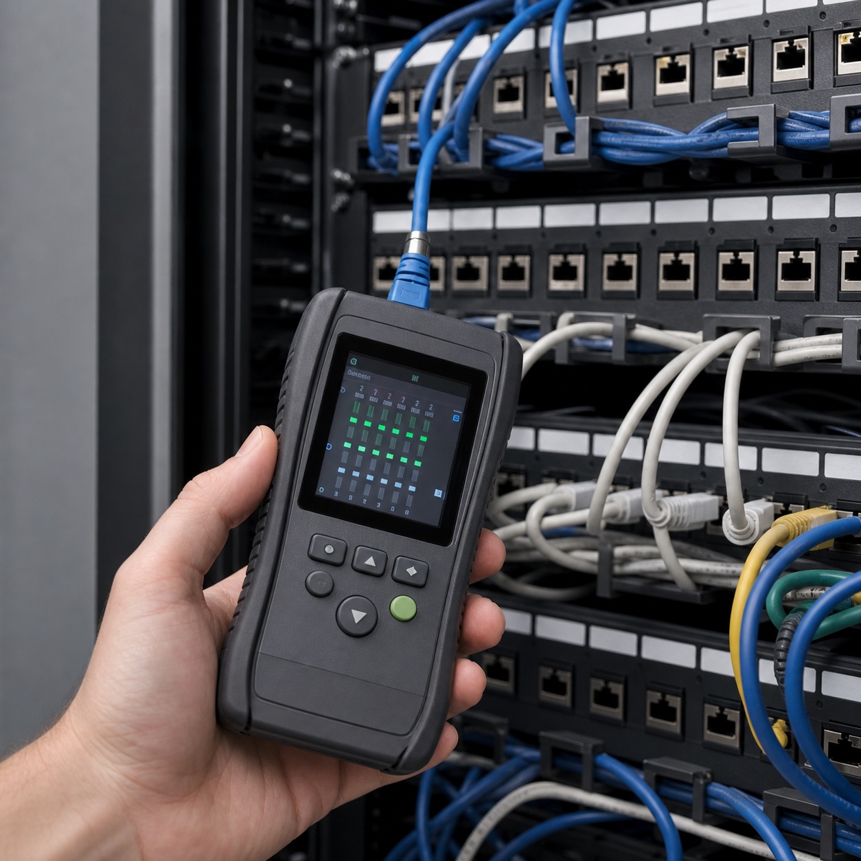 Technician holding a network cable tester beside a patch panel in a studio server closet