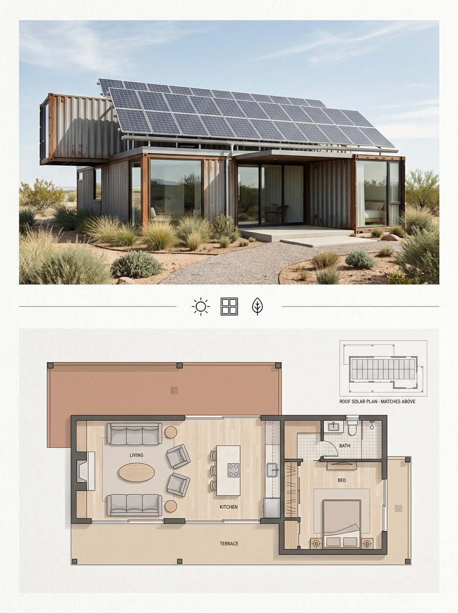 Off-Grid Container Home With a Rooftop Solar Array Off-Grid Container Home With a Rooftop Solar Array shown as a two-panel architectural board with exterior render and matching floor plan. | Sky Rye Design Off-Grid Container Home With a Rooftop Solar Array shown as a two-panel architectural board with exterior render and matching floor plan.