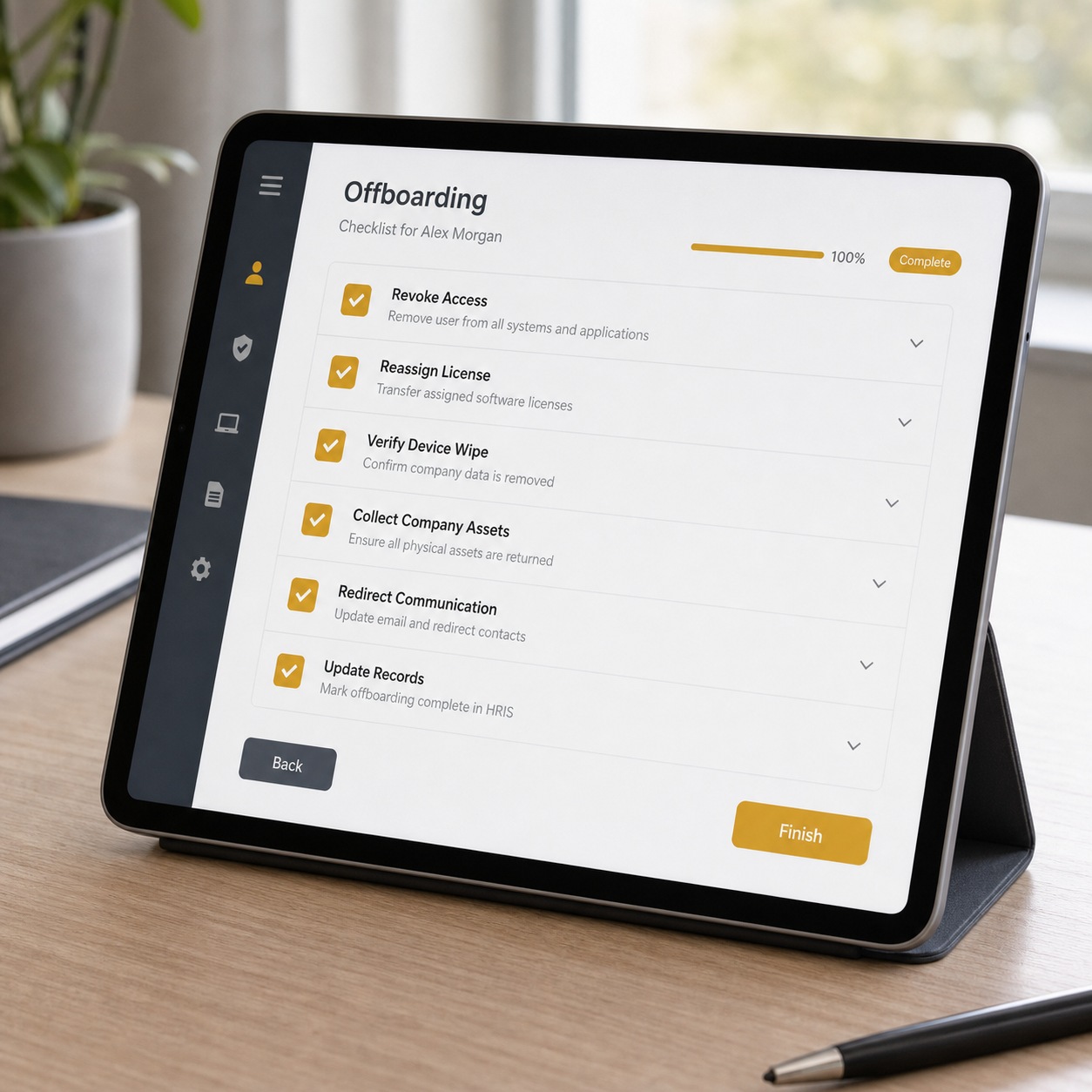 Remote IT support image prompt 12 UIUX Web Tablet offboarding checklist with access, license, and device cleanup items checked. | Sky Rye Design Tablet offboarding checklist with access, license, and device cleanup items checked.
