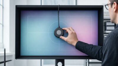 Technician calibrating a color-critical monitor in a modern design studio