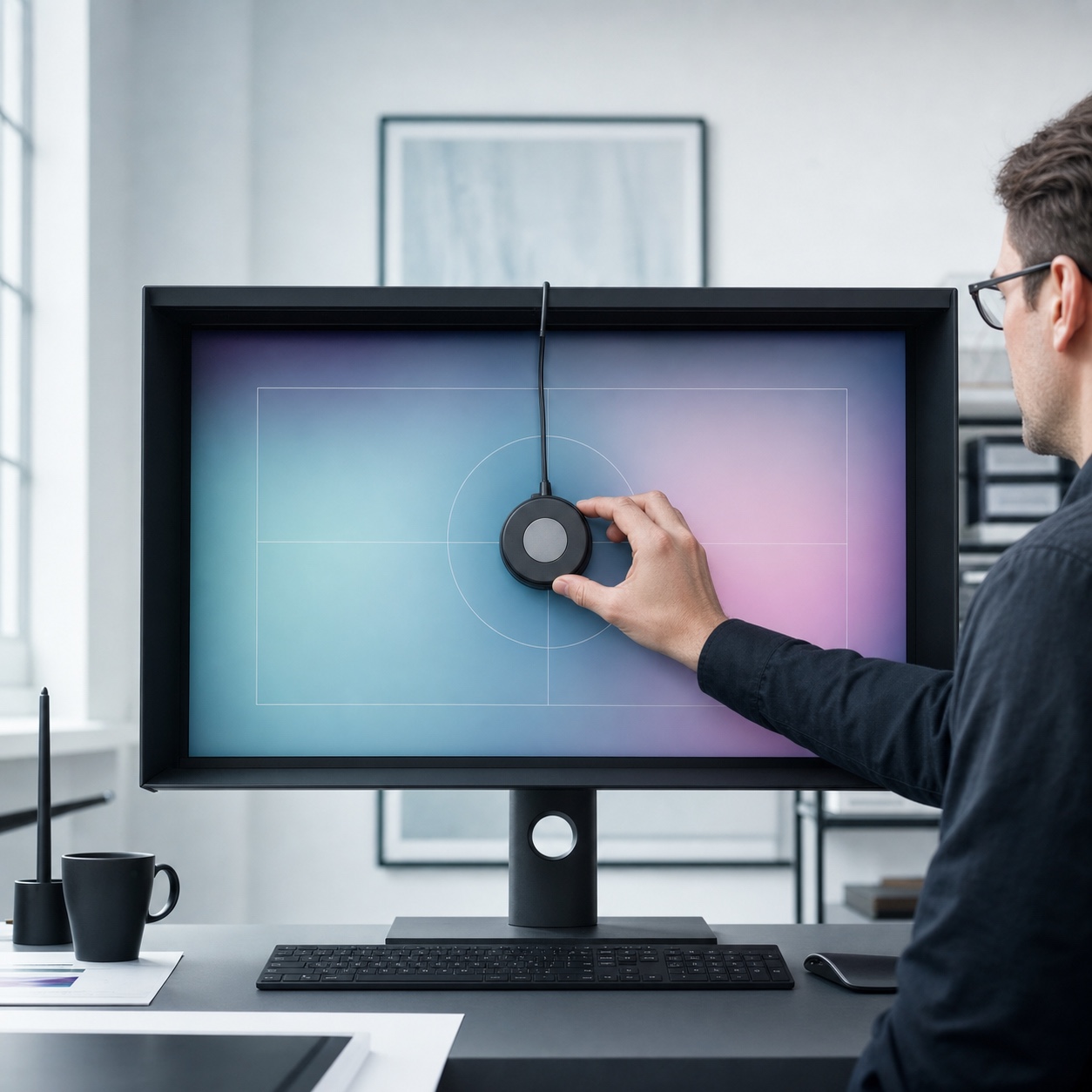 Technician calibrating a color-critical monitor in a modern design studio