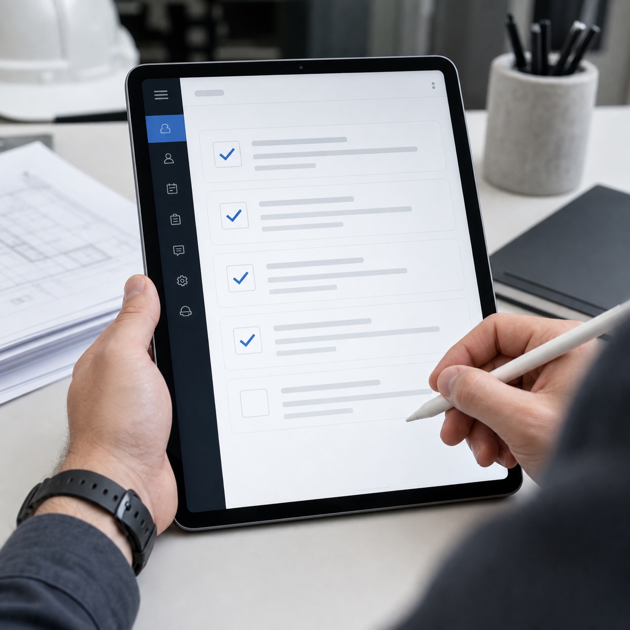 Technician documenting a completed on-site IT visit on a tablet checklist