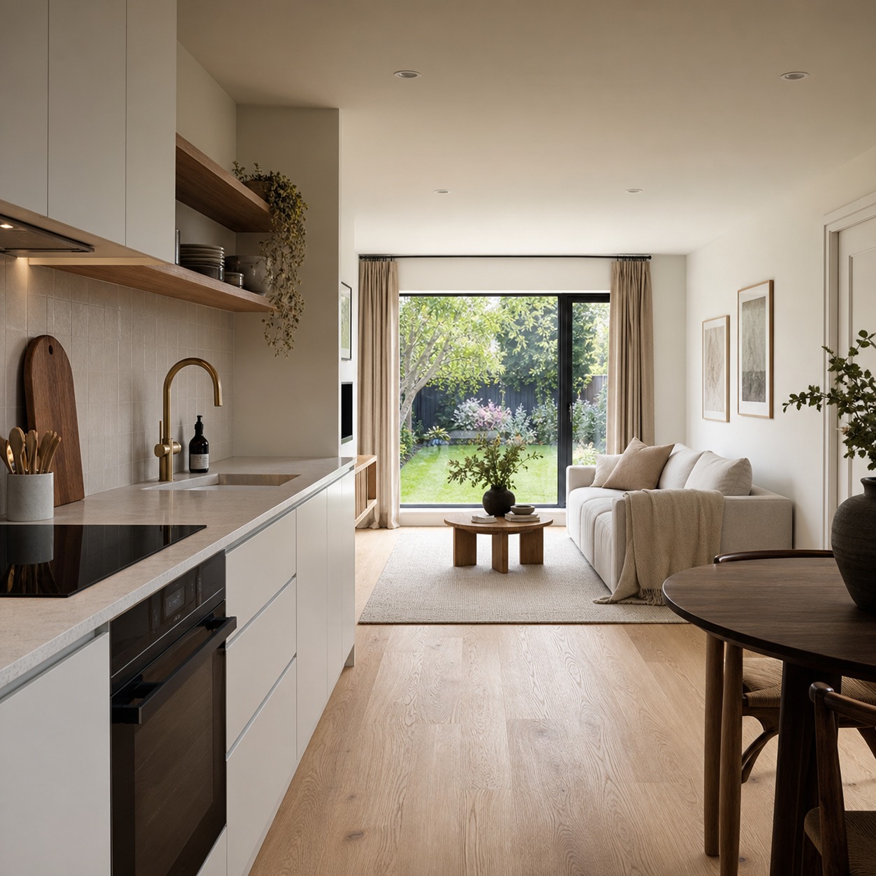 Open-Plan Granny Annexe Interior A compact granny annexe interior with a kitchen, lounge and garden-facing window. | Sky Rye Design A compact granny annexe interior with a kitchen, lounge and garden-facing window.