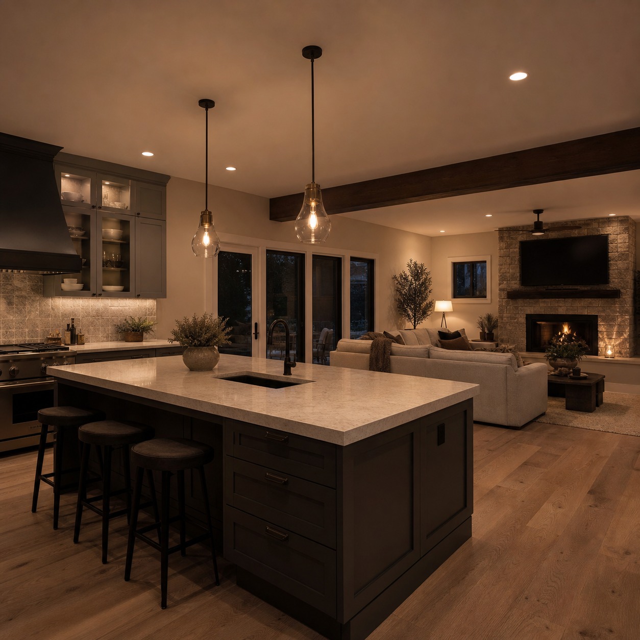 Open-plan kitchen and living room evening lighting open-plan kitchen and living room evening lighting | Sky Rye Design open-plan kitchen and living room evening lighting