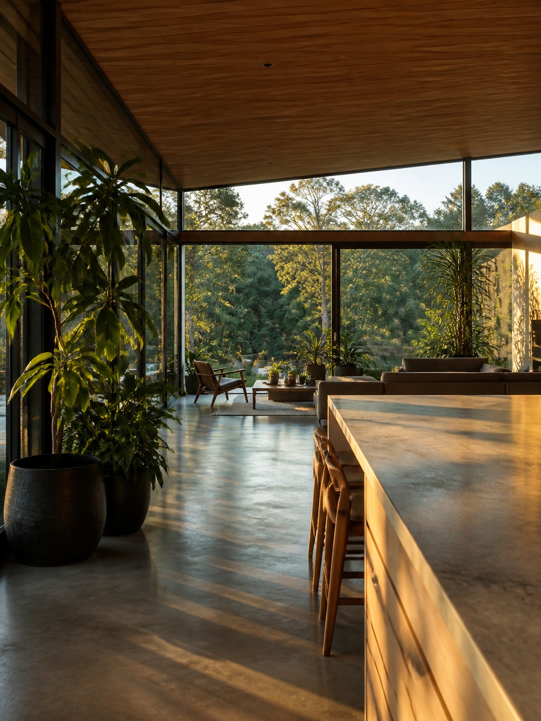 Open-plan living space with plant groupings Ultra-modern open-plan living space with composed plant groupings at varied heights near floor-to-ceiling glazing. | Sky Rye Design Ultra-modern open-plan living space with composed plant groupings at varied heights near floor-to-ceiling glazing.