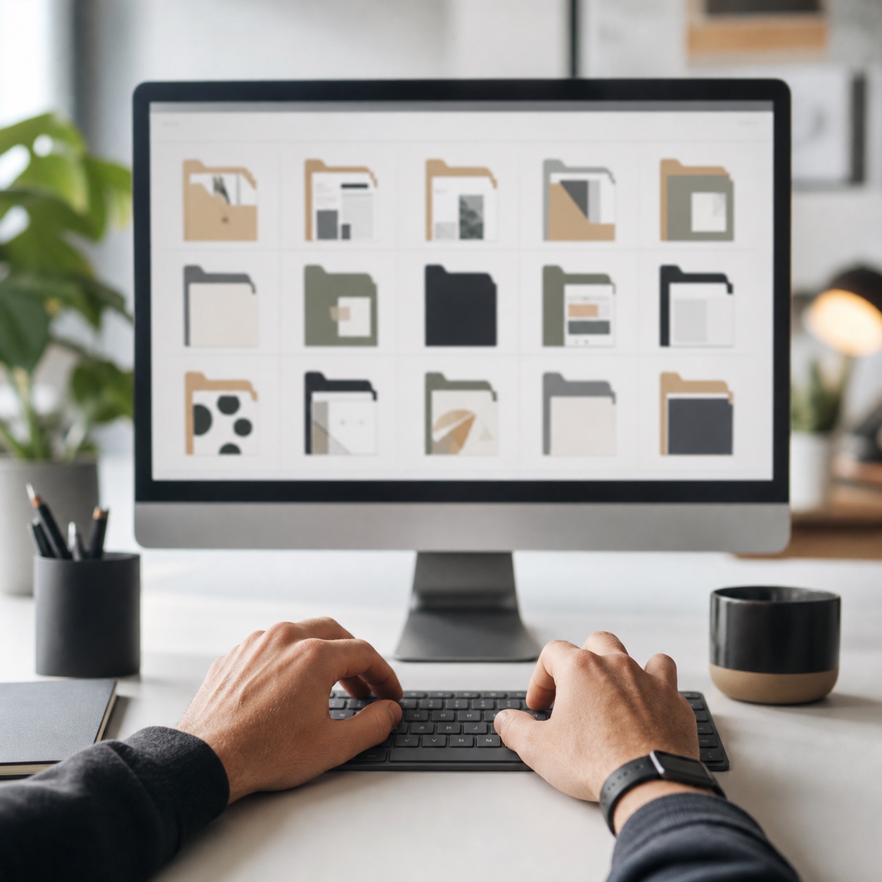 A designer typing with a finished client handoff folder visible on a monitor in the background.
