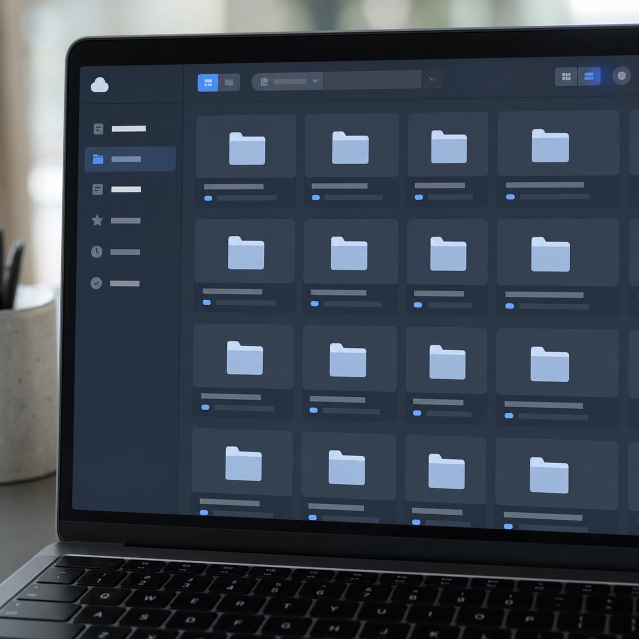 Organized cloud folders for studio projects Laptop screen with an abstract organized cloud folder interface for studio project files. | Sky Rye Design Laptop screen with an abstract organized cloud folder interface for studio project files.