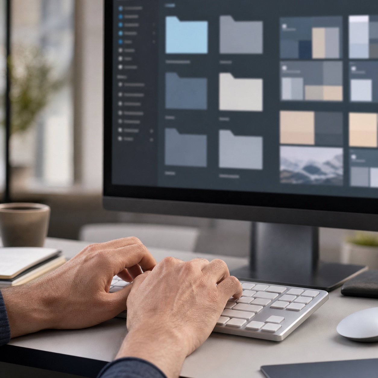 Organized project archive interface Designer typing at a minimal desk with an abstract organized project archive interface in the background. | Sky Rye Design Designer typing at a minimal desk with an abstract organized project archive interface in the background.