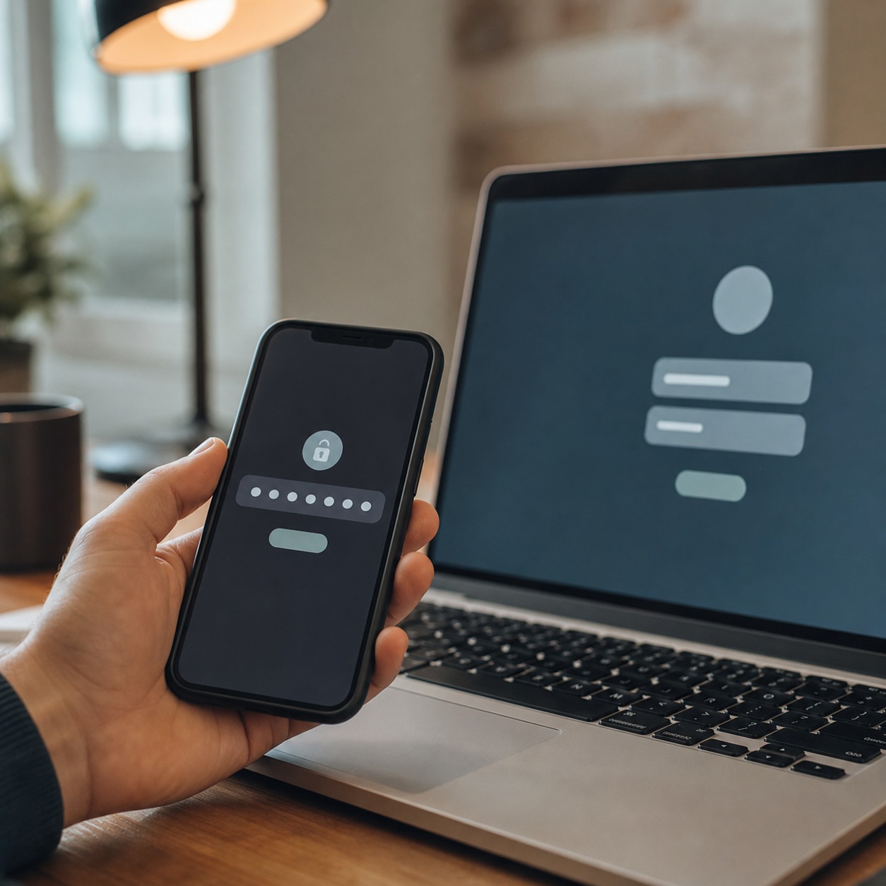 Hand holding a phone with an abstract multi-factor authentication prompt beside a laptop login screen.
