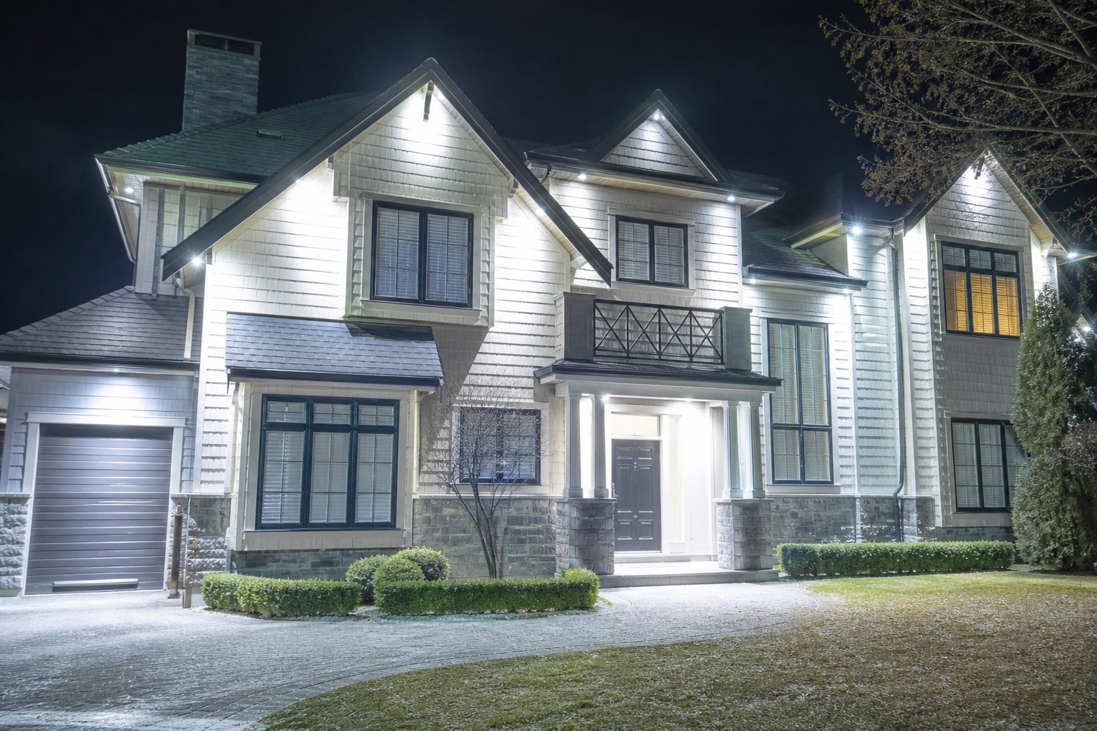 Over-illuminated house facade with glare House facade lit with overly bright mixed-temperature exterior fixtures and visible glare. | Sky Rye Design House facade lit with overly bright mixed-temperature exterior fixtures and visible glare.
