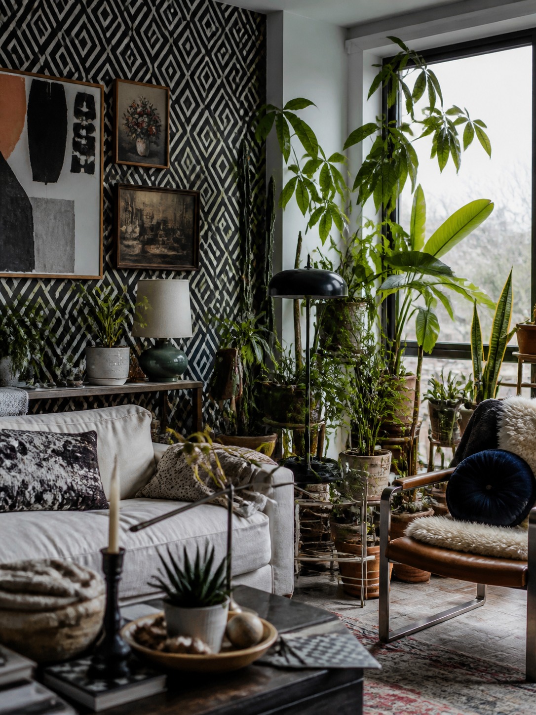 Overcrowded plant corner against patterned wall Overcrowded plant corner clashing with a bold patterned accent wall in a busy living room. | Sky Rye Design Overcrowded plant corner clashing with a bold patterned accent wall in a busy living room.
