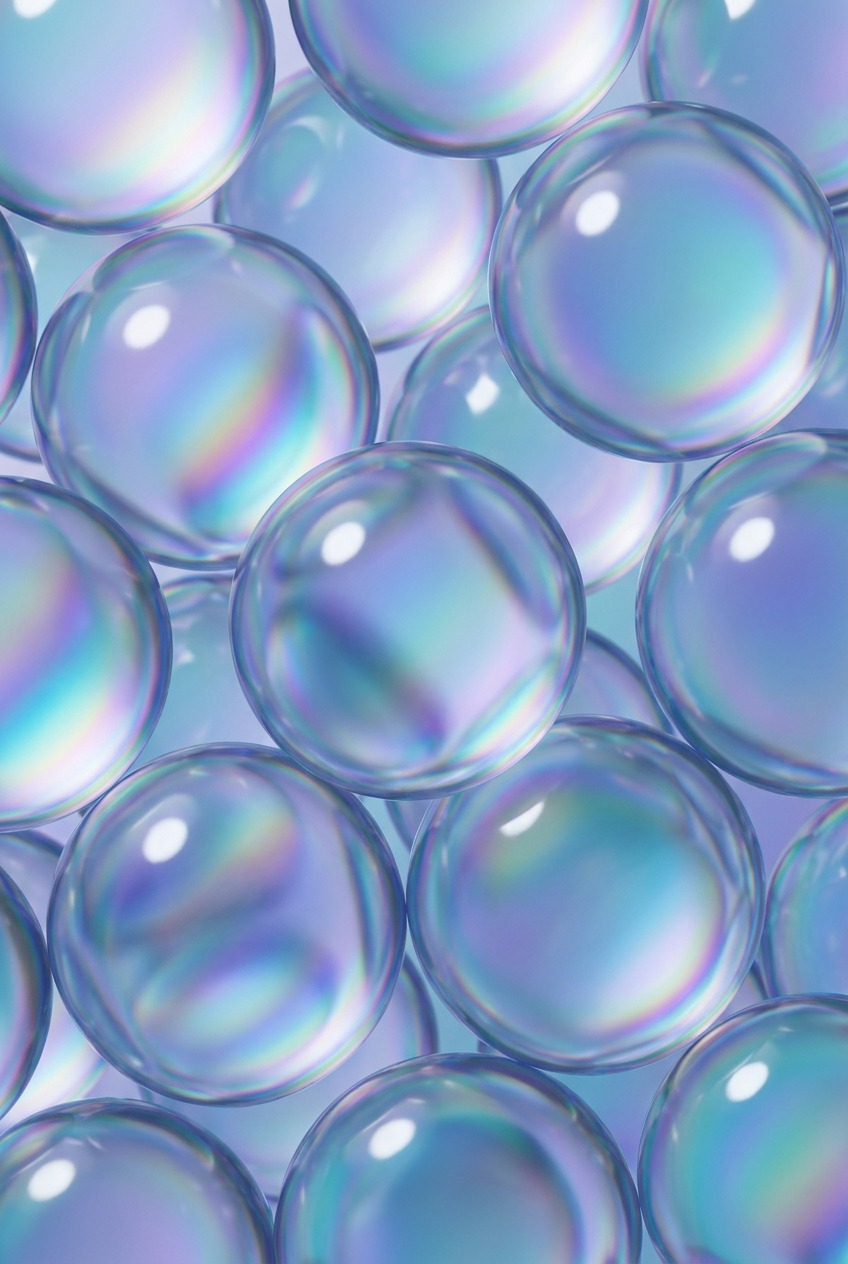 Finished digital illustration of overlapping bubbles with double highlights and thin-film color streaks.