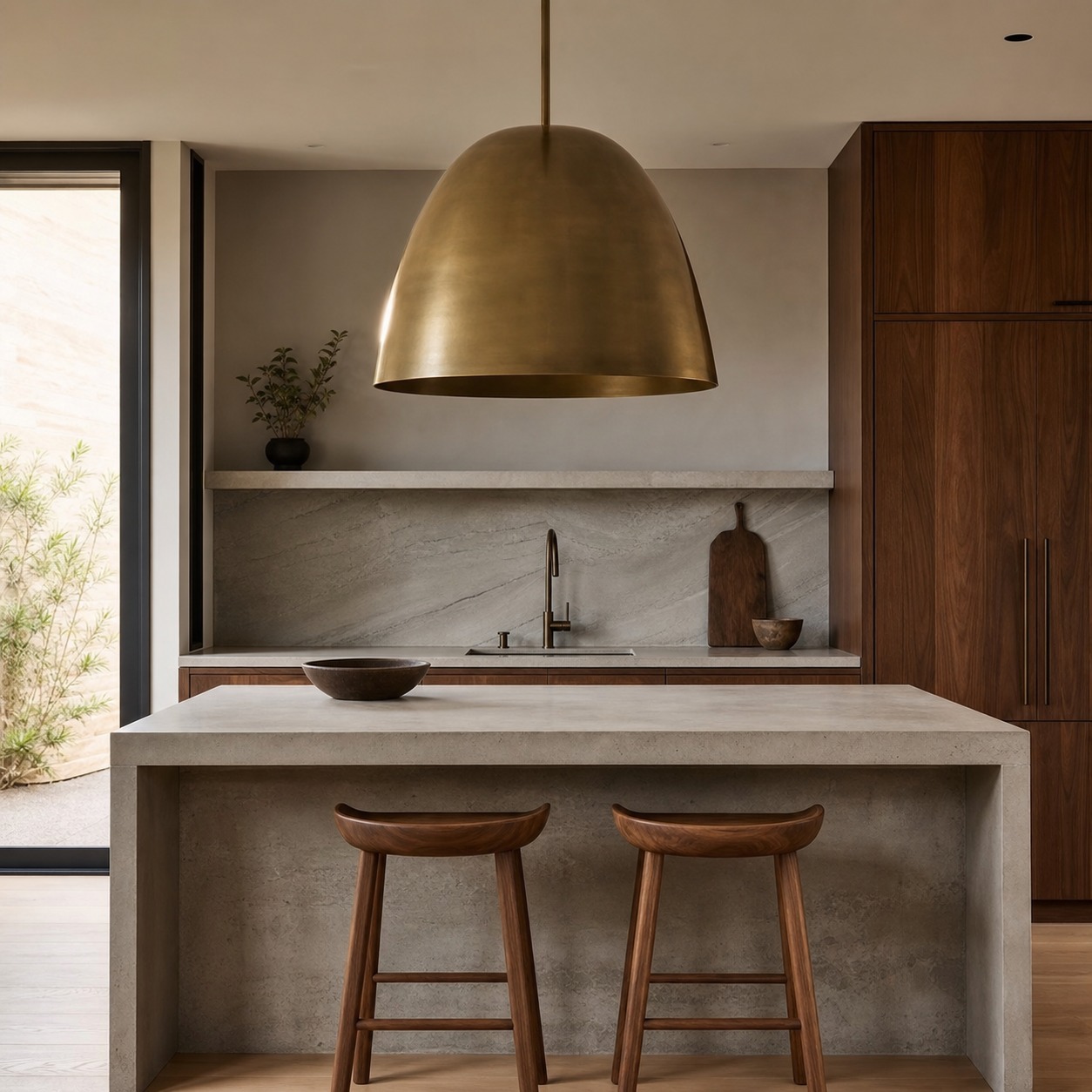 Oversized brass pendant above a compact kitchen island oversized brass pendant above a compact kitchen island | Sky Rye Design oversized brass pendant above a compact kitchen island