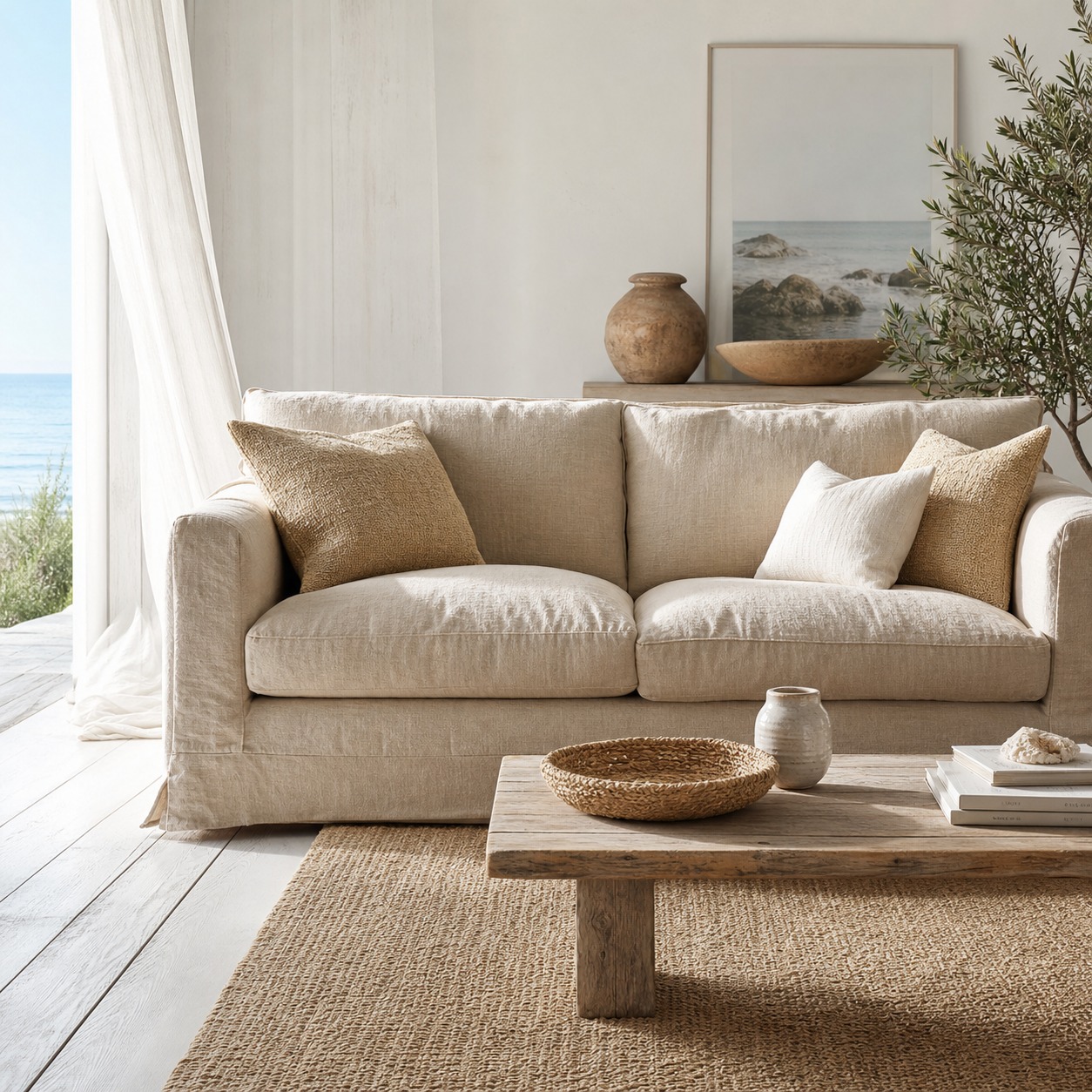 Pale sand linen sofa in a coastal-style living room Pale sand linen sofa with natural creasing | Sky Rye Design Pale sand linen sofa with natural creasing