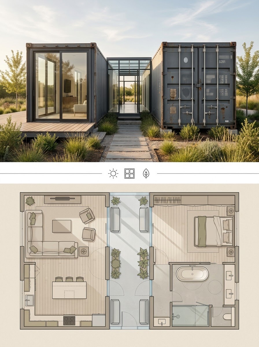 Parallel Container Pair Connected by a Glass Breezeway Parallel Container Pair Connected by a Glass Breezeway shown as a two-panel architectural board with exterior render and matching floor plan. | Sky Rye Design Parallel Container Pair Connected by a Glass Breezeway shown as a two-panel architectural board with exterior render and matching floor plan.