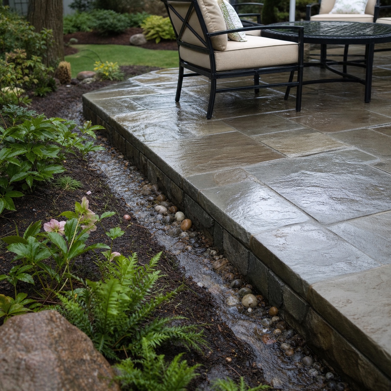 A raised stone patio edge with rainwater moving through a shallow drainage channel.