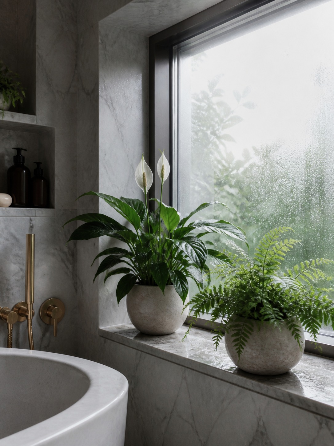Peace lily and fern on bathroom ledge Peace lily and fern styled on a marble bathroom ledge with brushed brass fixtures and humid window light. | Sky Rye Design Peace lily and fern styled on a marble bathroom ledge with brushed brass fixtures and humid window light.