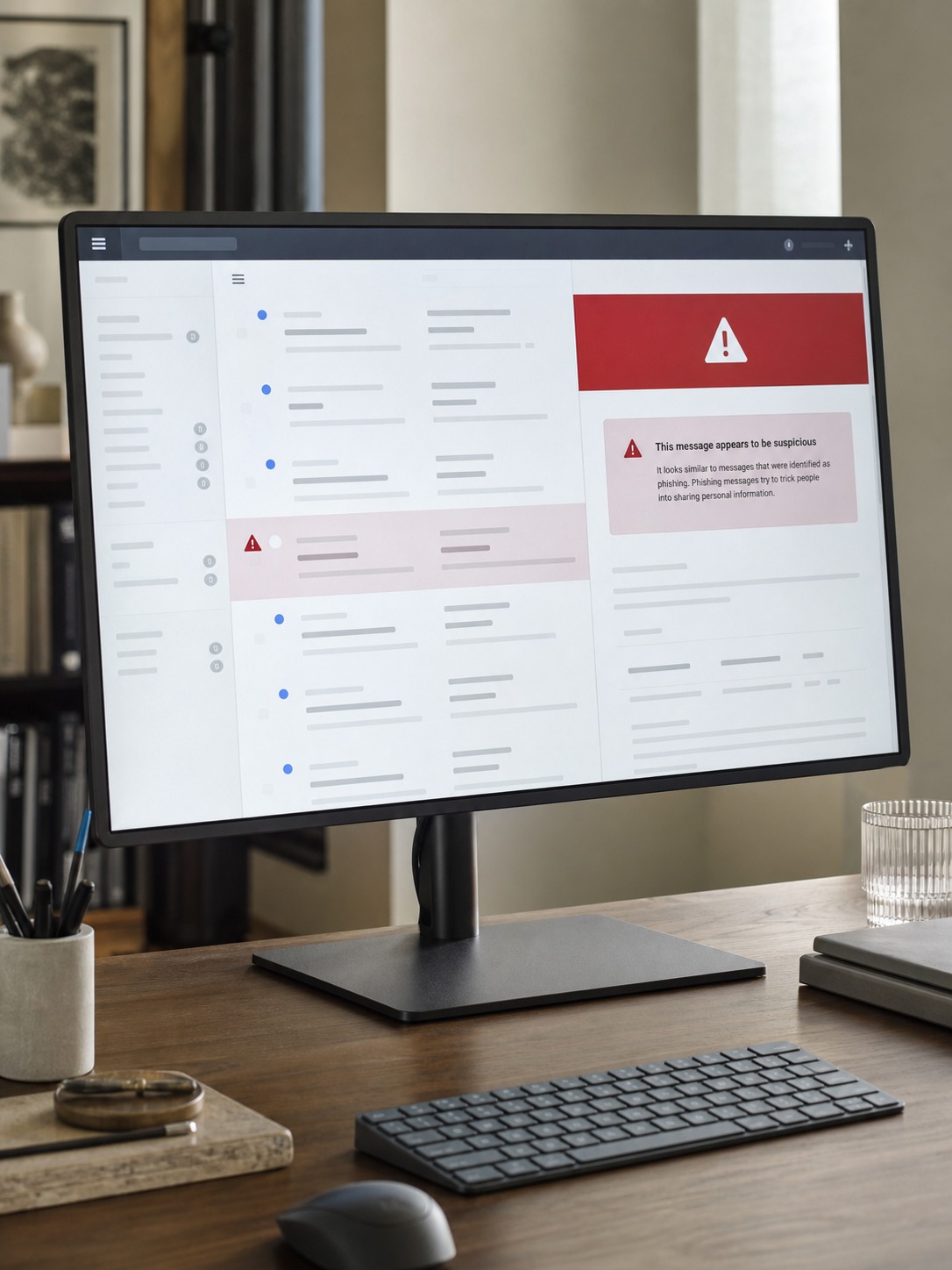 Email inbox showing a suspicious invoice message flagged by a security warning banner.
